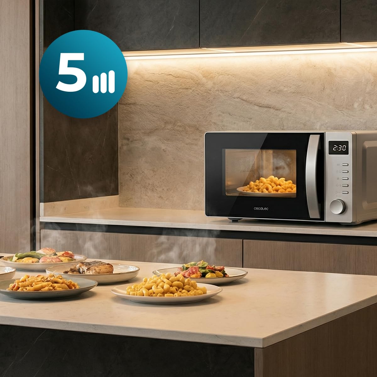 Cecotec Micro-ondes avec Grill 20L Proclean 5105 Silver 700W | Technologie 3DWave, 5 Niveaux, Minuterie 30Min, Décongélation, Écran avec Horloge, Gratins Parfaits, Avertissement Acoustique