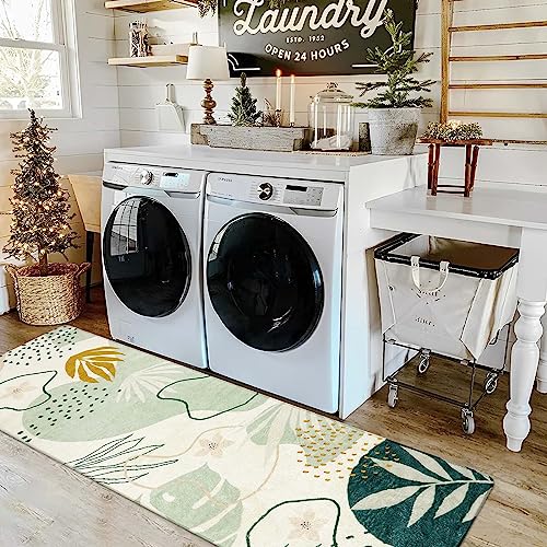 Lahome Green Runner Rugs for Hallway 2x8 Non-Slip Washable Kitchen Rugs Lightweight Low-Pile Throw Laundry Runner Rug, Boho Botanical Print Soft Indoor Carpet Runner for Entryway Bedroom Bathroom