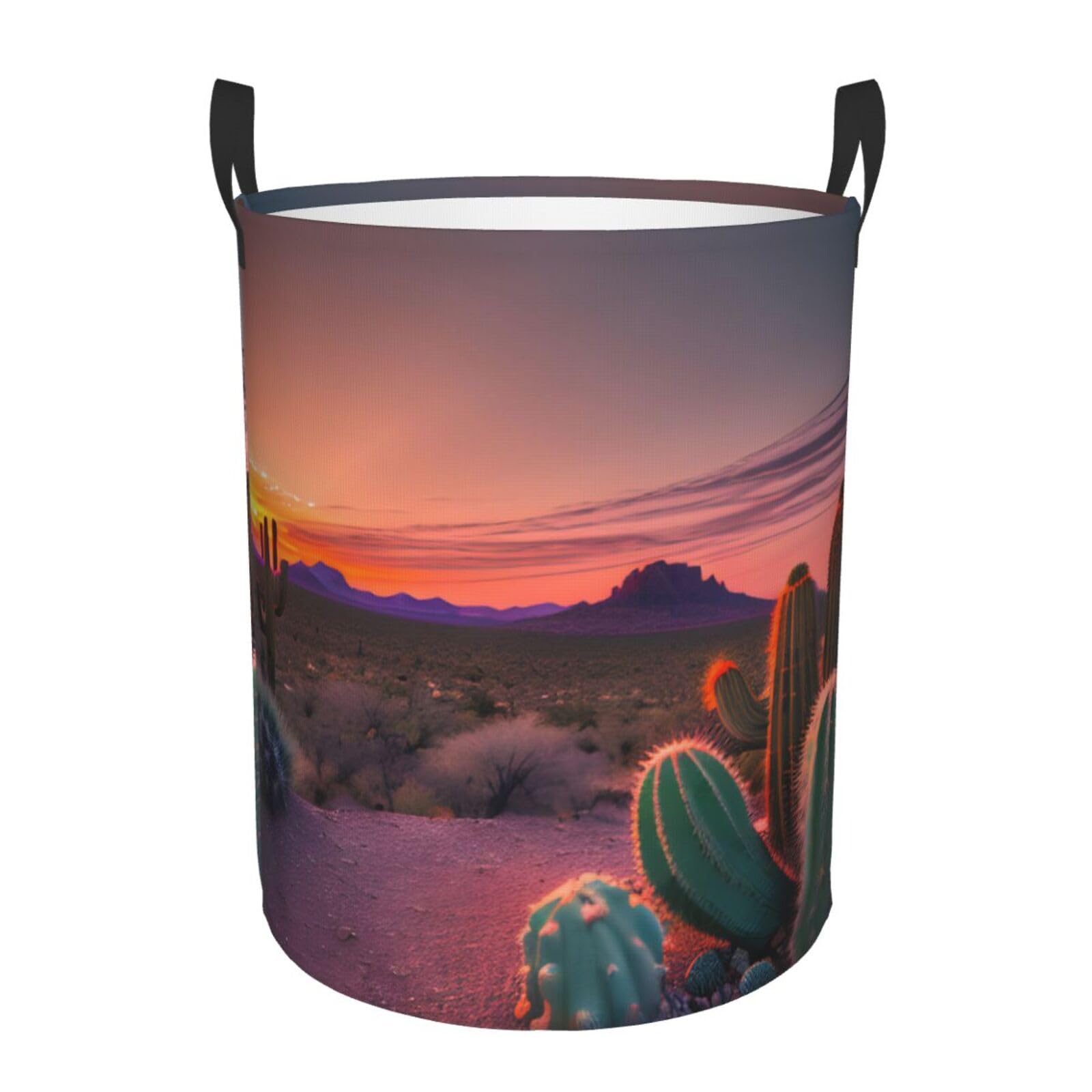 M Collapsible Laundry Hamper Round Cactus Desert Sunset Print Storage
