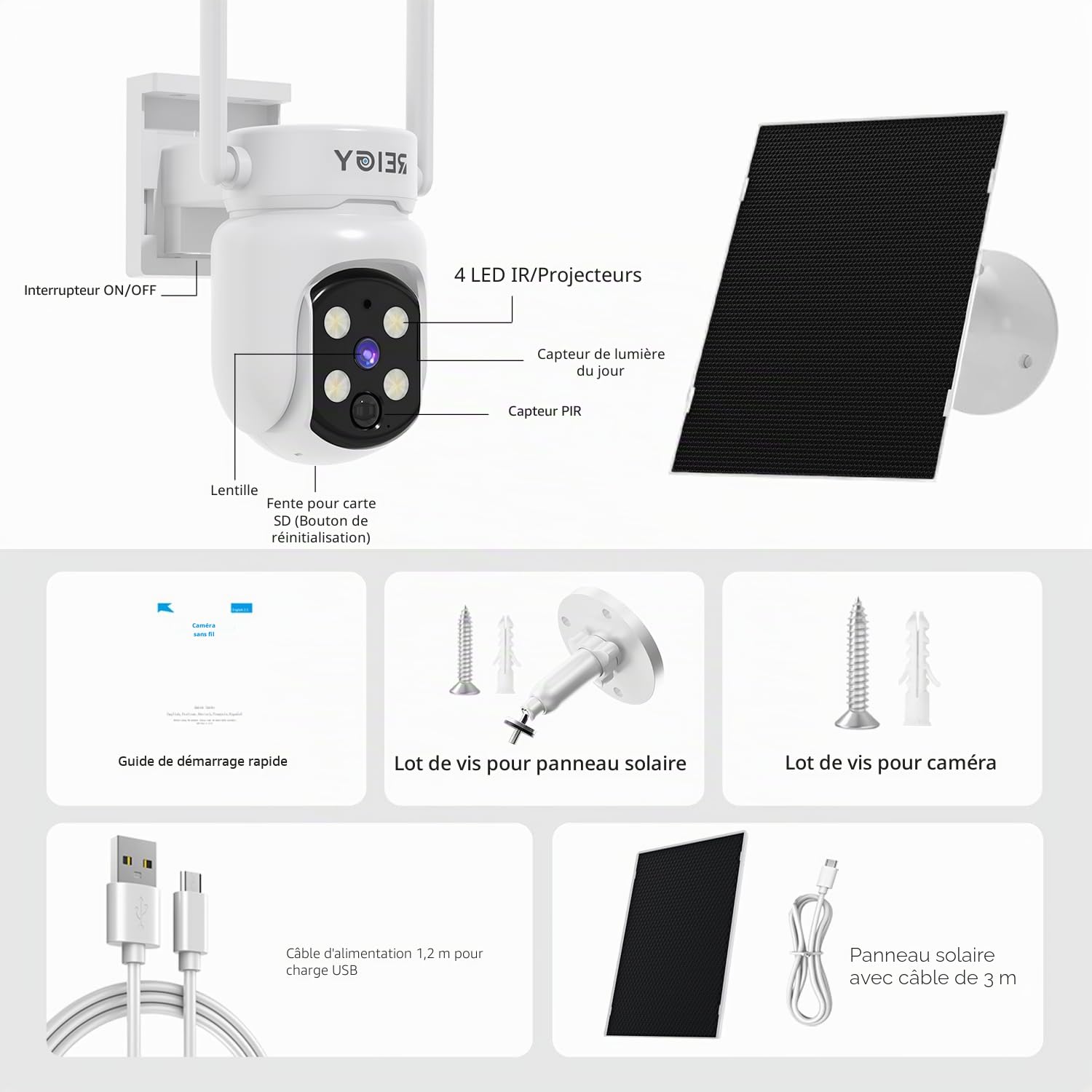 REIGY 4MP Caméra Surveillance WiFi Exterieure sans Fil Solaire, Camera Caméra de Sécurité Interieur avec Panneau Solaire, 360° PTZ, Vision Nocturne, Audio Bidirectionnel, PIR Sirène, 2.4ghz/5ghz