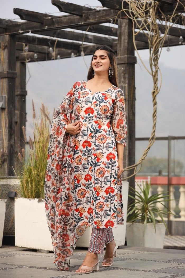 Leriya Fashion Floral Dresses For Women & Straight Kurtis, Kurta Set With Dupatta For Women (Large, White)