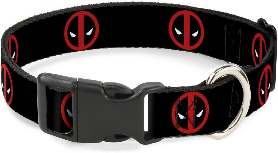 Dog Collar Plastic Clip Deadpool Logo Black Red White 16 to 23 Inches 1.5 Inch Wide
