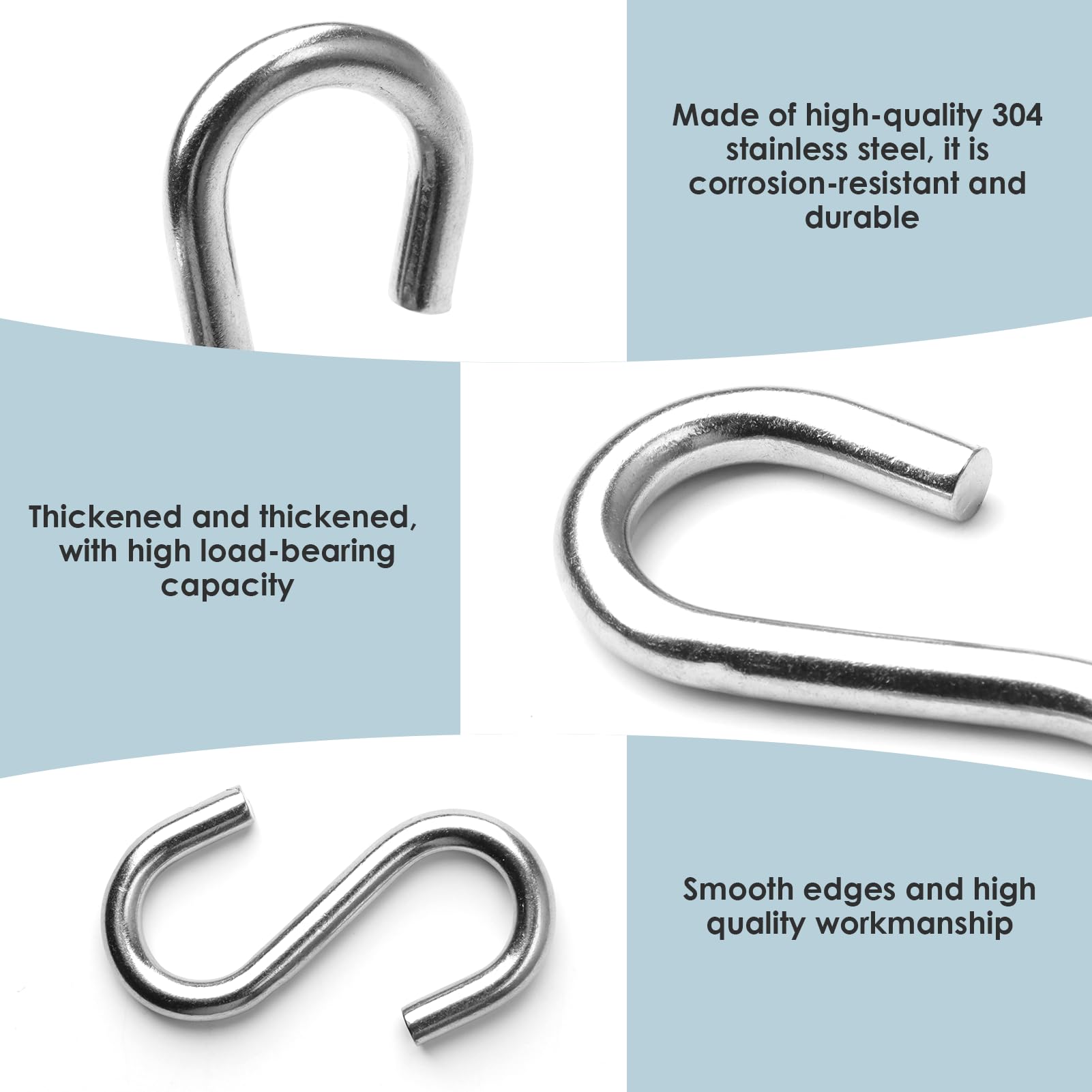 GEU Heavy Duty S Hooks 304 Stainless Steel 3 Inch Metal Hammock Hooks for Hanging 300kg Weight Capacity Butchers Anti-Rust Swing S Shaped Hook - Image 4