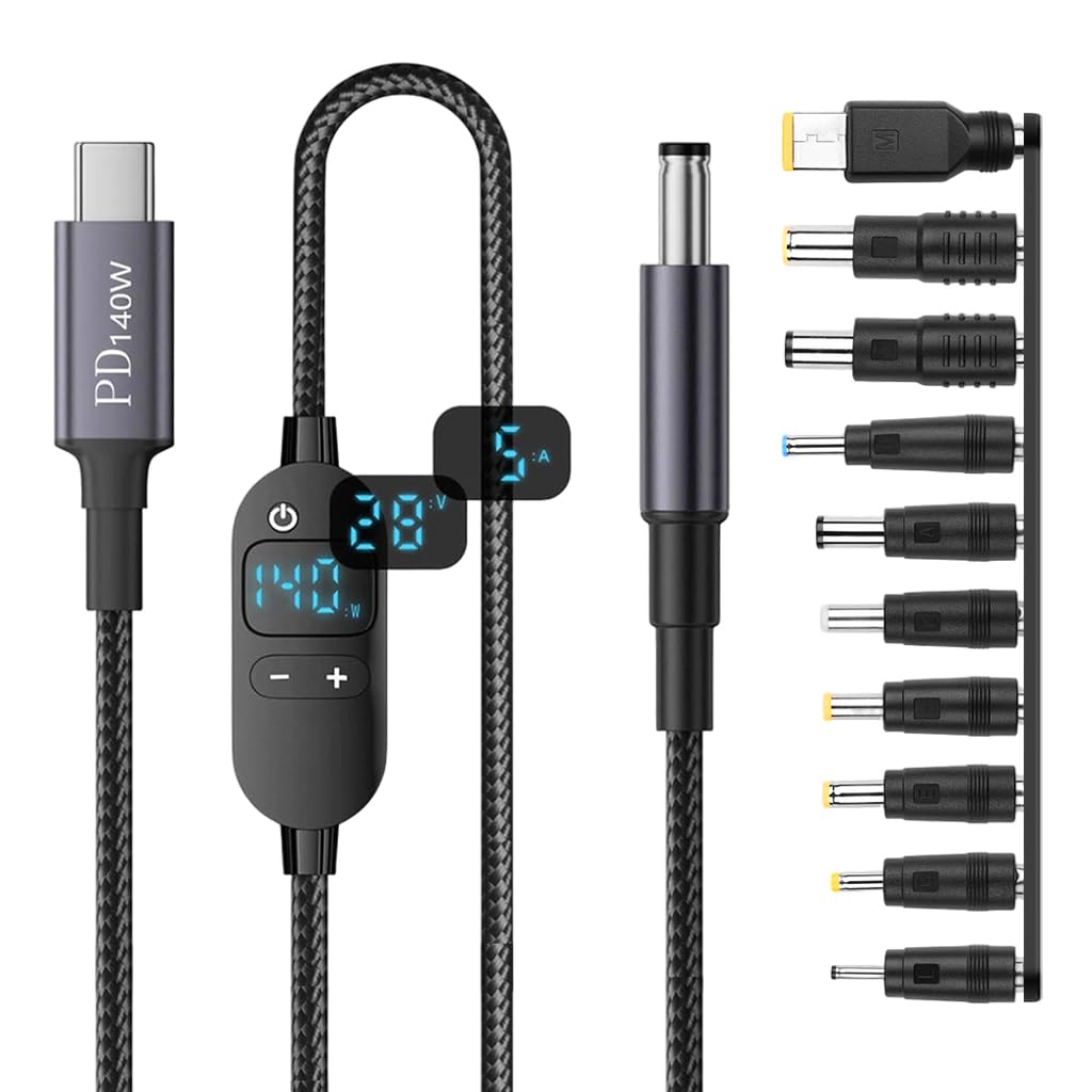 Verilux® PD 140W Type C to DC Power Cord with 10 Connectors, 5V-28V Six-speed Adjustable Power Design with Digital Display & Switch Button, USB C to DC Converter for Laptops, Routers, Home Appliances-image-16