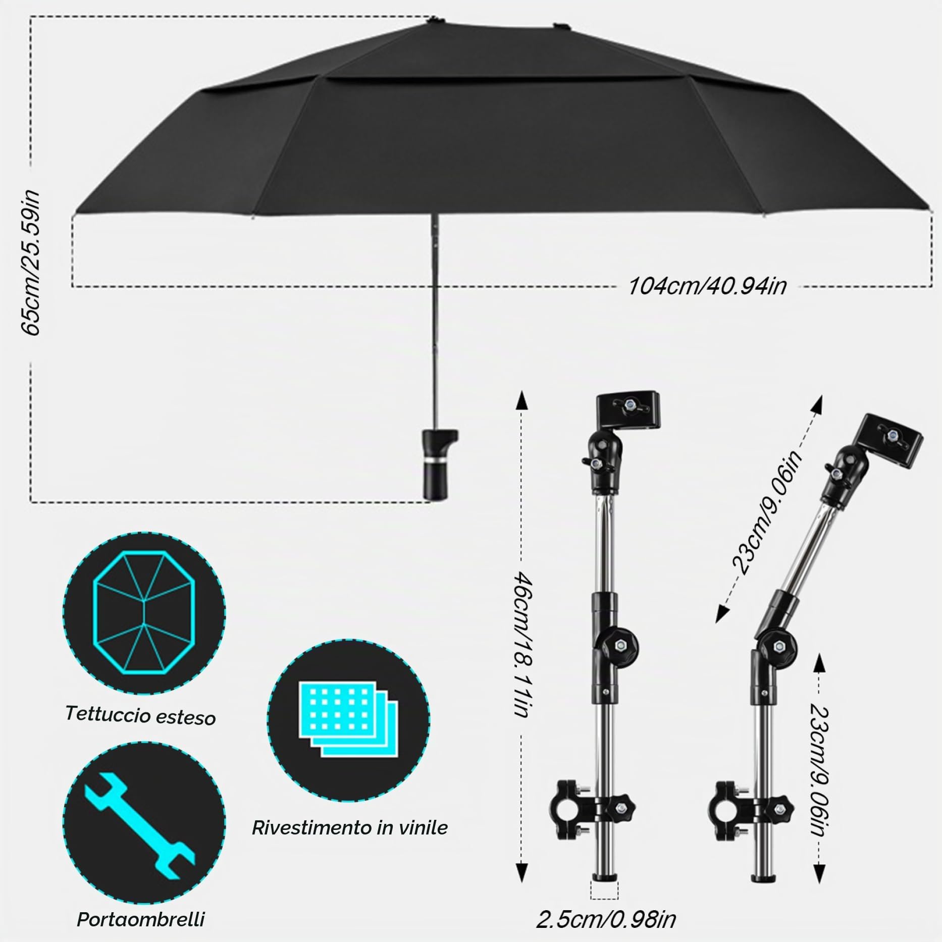 Ombrello sedia ombrello sedia con morsetto regolabile, ombrello per sedie a rotelle per la protezione da pioggia/UV, 40,9 Parasolo a doppio lato esteso per carrozzina, passeggino, bici, sed
