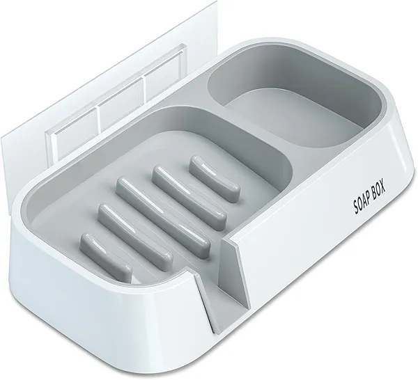 CRKIOB 2-in-1 Soap Dish & Sponge Holder for Shower & Kitchen Sink-Self-Draining Bar Soap Saver with Suction Cups & Adhesive, ABS Plastic, 8.9" x4.7”(White,Grey)