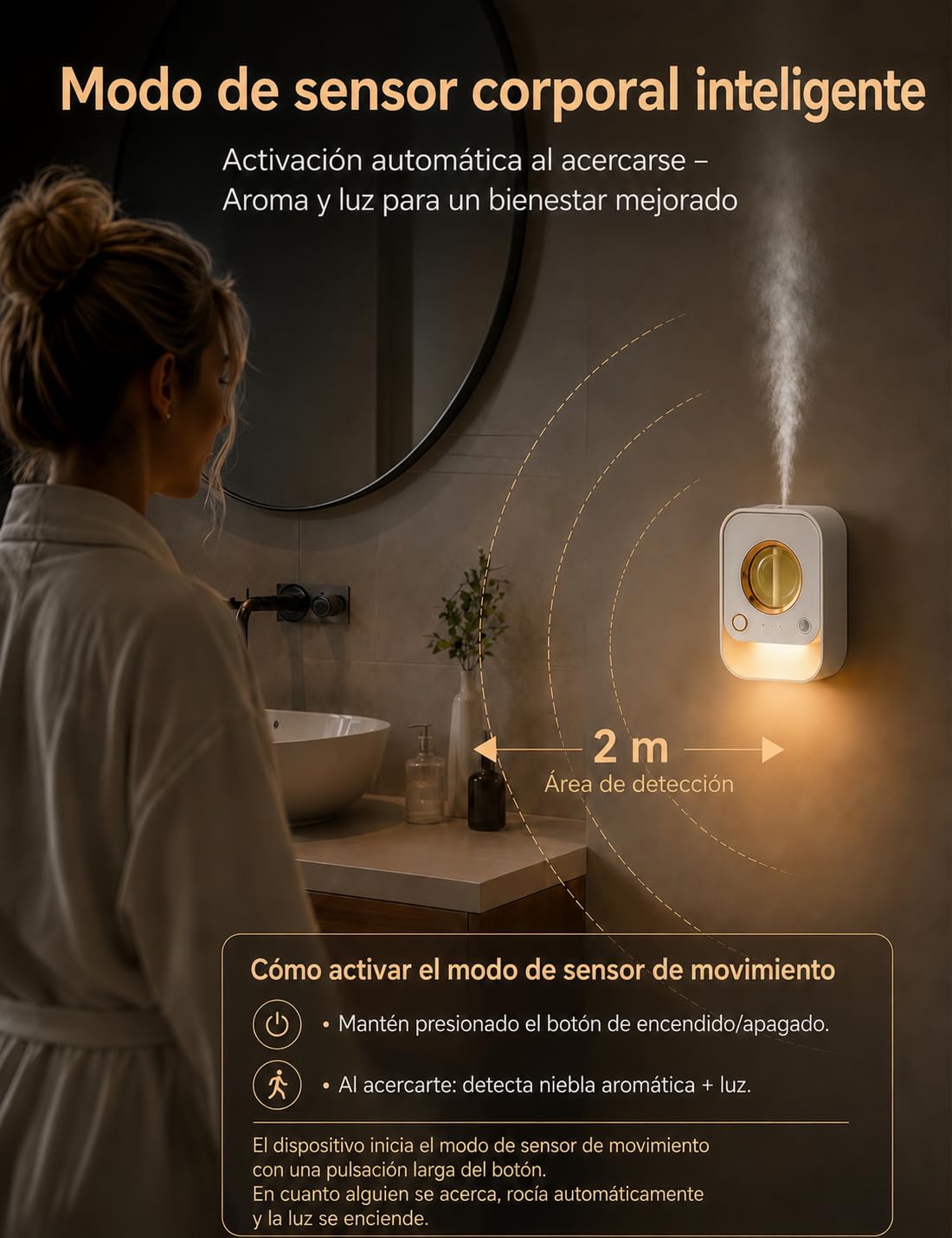 Difusor Aceites Esenciales de Mesa y Pared con Sensor de Movimiento, Luz Nocturna y Temporizador, Atomizador Ultrasónico Difusor de Aromas Sin Depósito de Agua, 50ml Naranja para Baño, Dormitorio