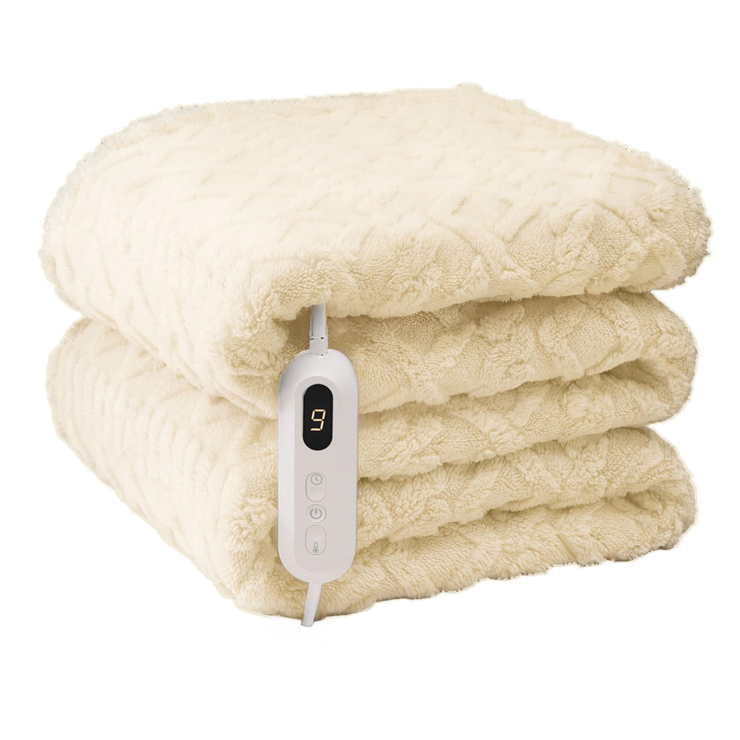 Neo Electric Cable Knit Heated Throw Reversible Blanket Fleece Sherpa 9 Heat Settings Machine Washable (Natural)