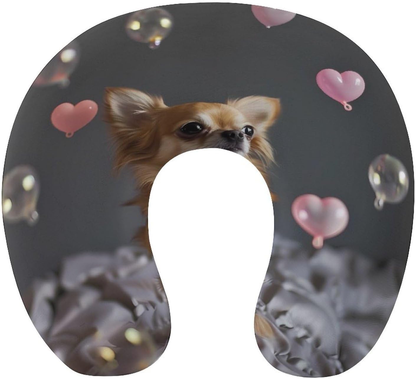 Chihuahua with Hearts Bubbles Travel Pillow U Shape Neck Pillow Washable Pillowcase for Sleeping Chair