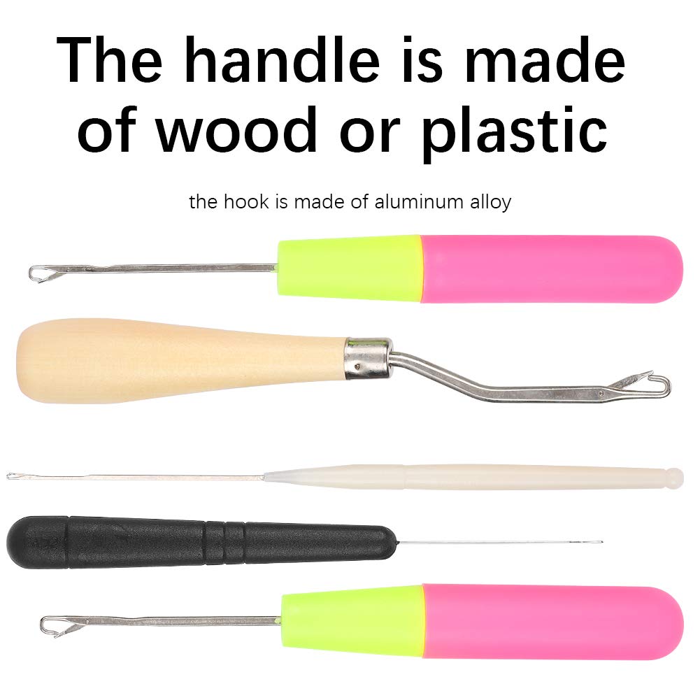 FLEXMAN 5Pcs Latch Hook Tool Set, Wooden Bent Latch Hook and 4Pcs Plastic Latch Hook Tool with Aluminum Alloy Hook for DIY Hair Extension Craft Knitting