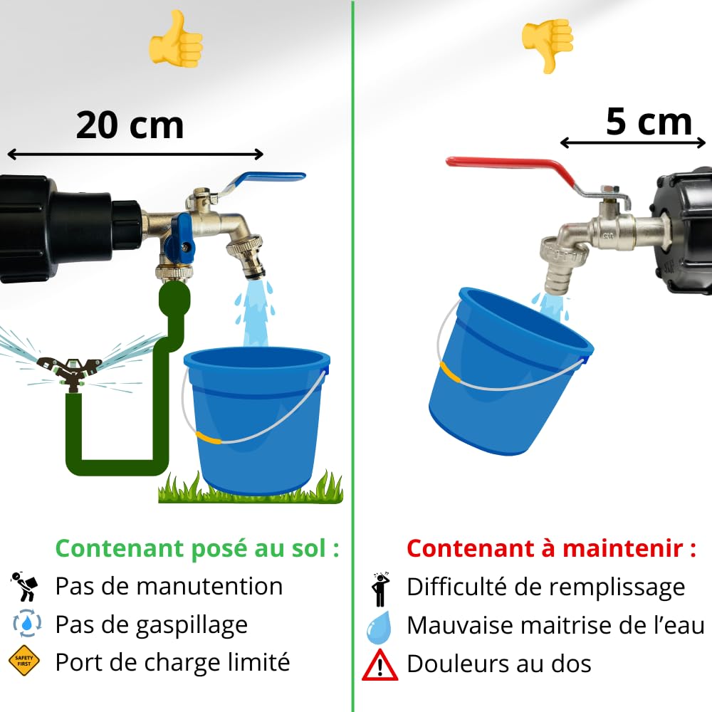 Robinet Cuve 1000L 1/2 S60X6 IBC- Extension Intégrée, raccord cuve 1000 litres, Double Sortie avec Rallonge Raccord Rapide & Étanche – Idéal pour Jardinage, Remplissage et Arrosage simultané