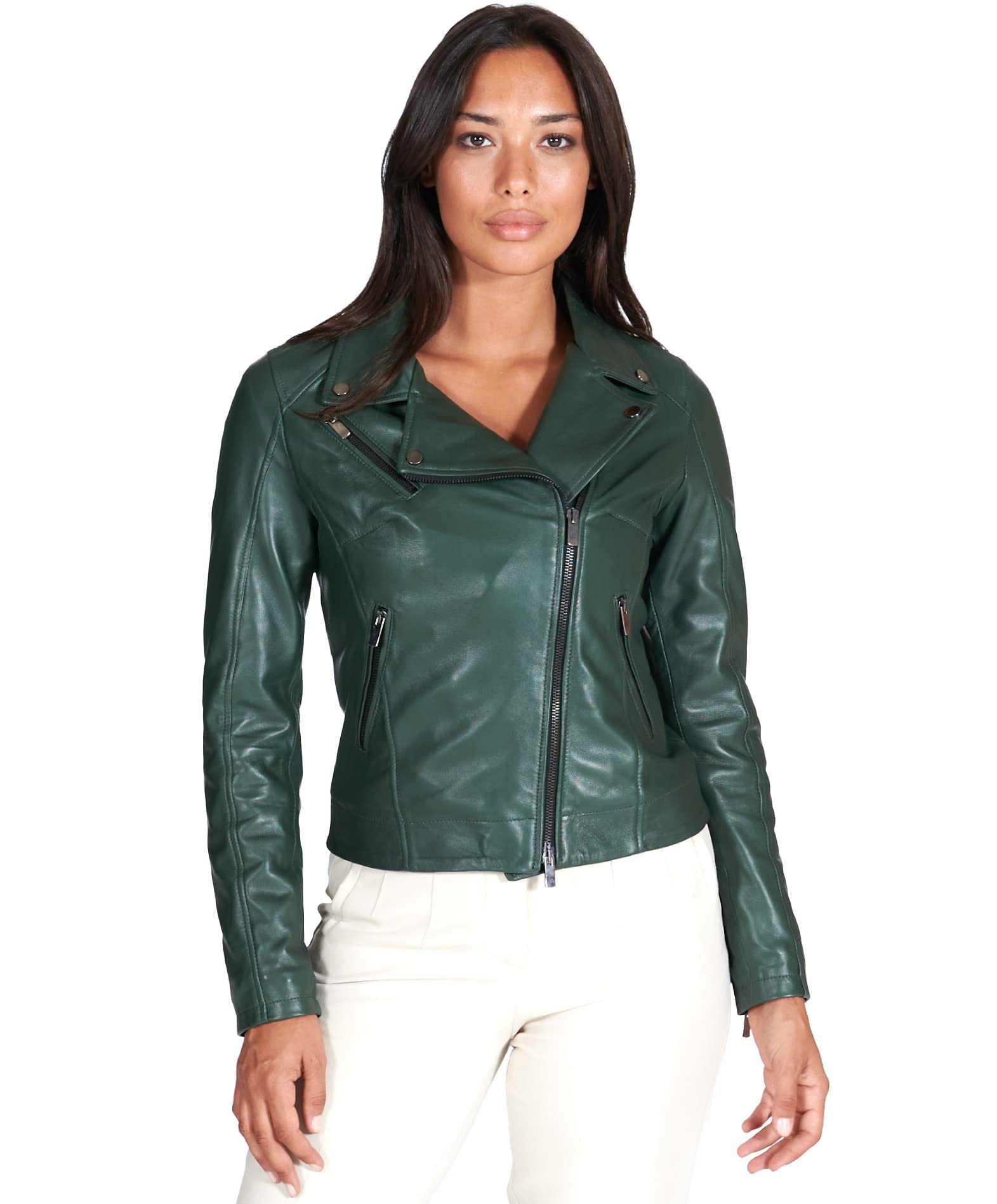 D'arienzo Women's Green Natural Lamb Leather Biker Jacket Cross Zipper Size S, Color