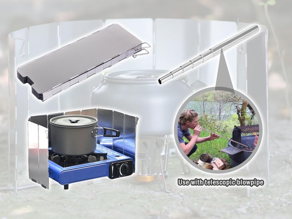 Faltbar Aluminium Windschutz,Camping Windschutzscheibe Windscreen,mit 16 Lamellen aus Faltbar Aluminium Windschutz,1 Teleskop Blasrohrfür,für Outdoor,Picknick,Öfen,Campingkochern,Gaskochern