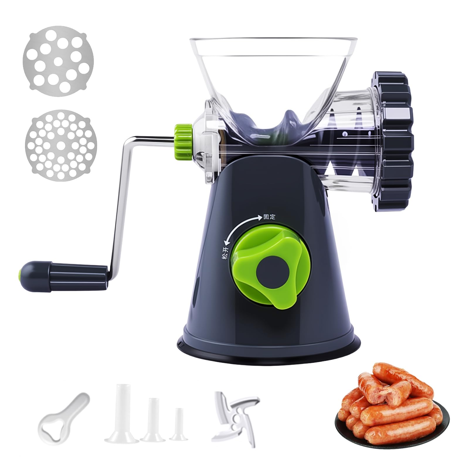 Manual Meat Grinder, 6-in-1 Meat Mincer Mincer Machine with Powerful Suction Base Versatile Sausage Maker Machine for Beef Mince Vegetables Pepper (Grey)