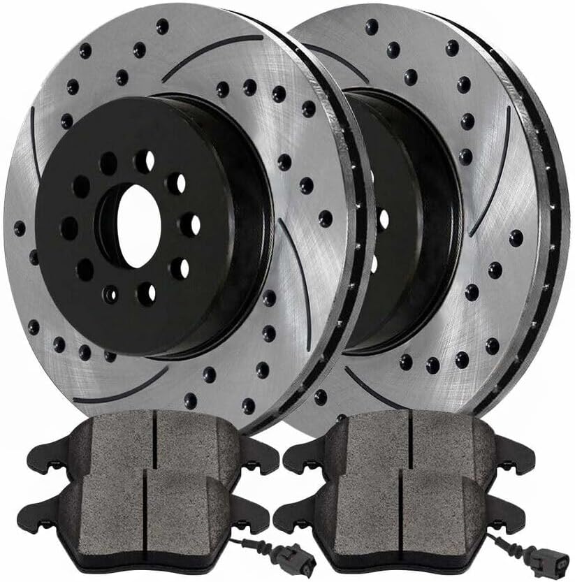 4pcs Ceramic Brake Pad Set 2pcs and Rotors Kit Front Side Black Performance Drilled and Slotted for VW, for Audi Vented CP1107 SCD1107 4pcs Ceramic Brake Pad Set 2pcs and Rotors Kit Front Side Black Performance Drilled and Slotted for VW, for Audi Vented CP1107 SCD1107