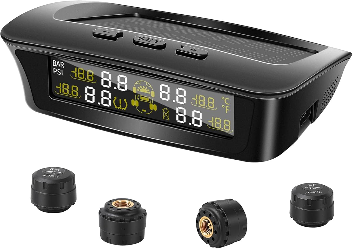 RV Tire Pressure Monitoring System with Solar & USB-C Charge, Trailer TPMS with 4 Sensors & 6 Alarms, Large LCD Screen, Real-Time Pressure/Temperature Monitor for Sedan, SUV, MPV, Truck(0-87 PSI)