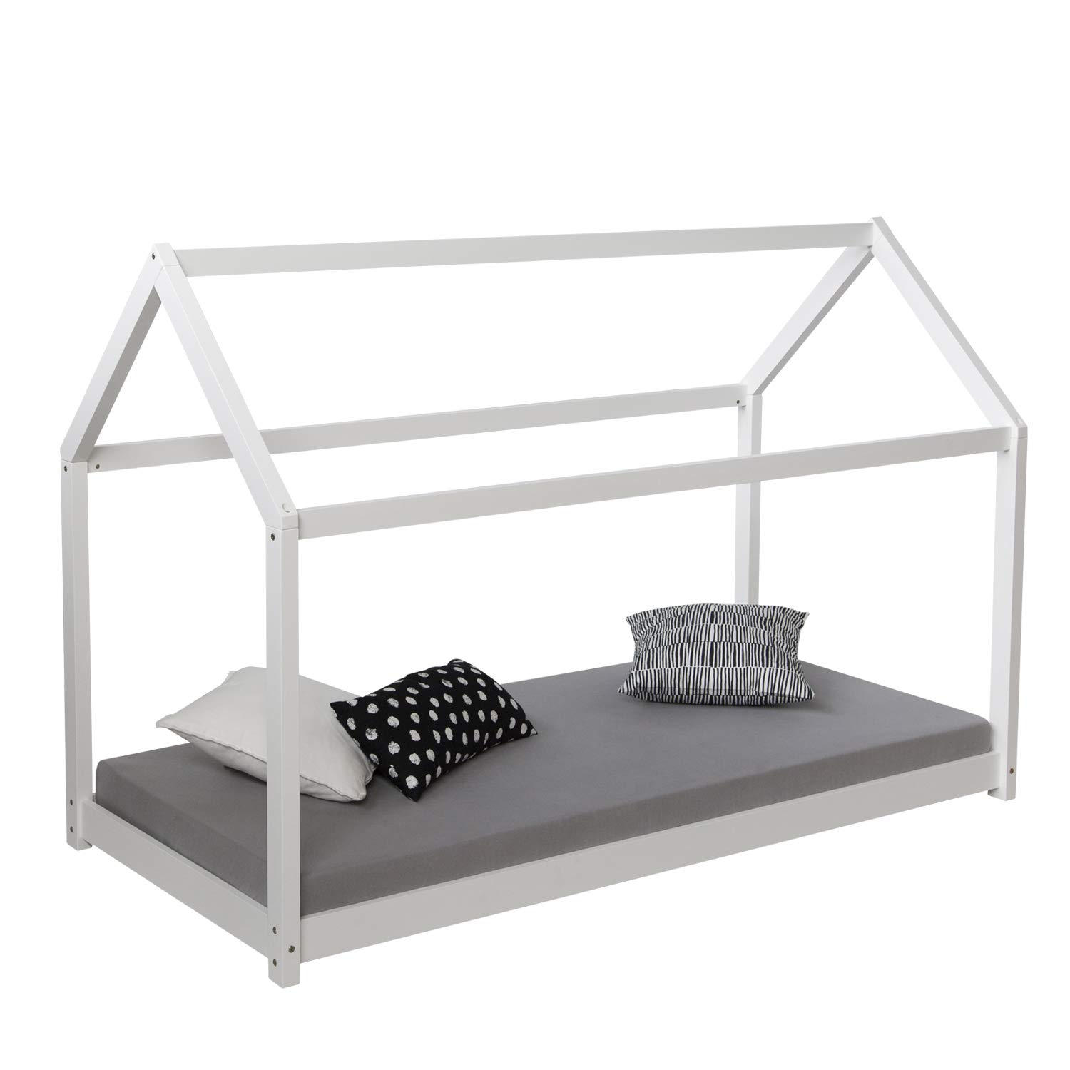 Homestyle4u 1849, Lit cabane enfant avec sommier 90x200 Blanc Lit Bébé Lit de Maison