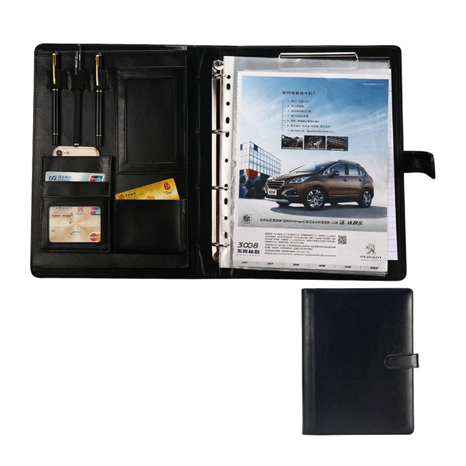 Raccoglitore ad Anelli in Pelle PU con portablocco Riprendi Portfolio in Pelle Cartella in Pelle Cartella for Portfolio A4 for conferenze aziendali Padfolio for Lavoro(Black)