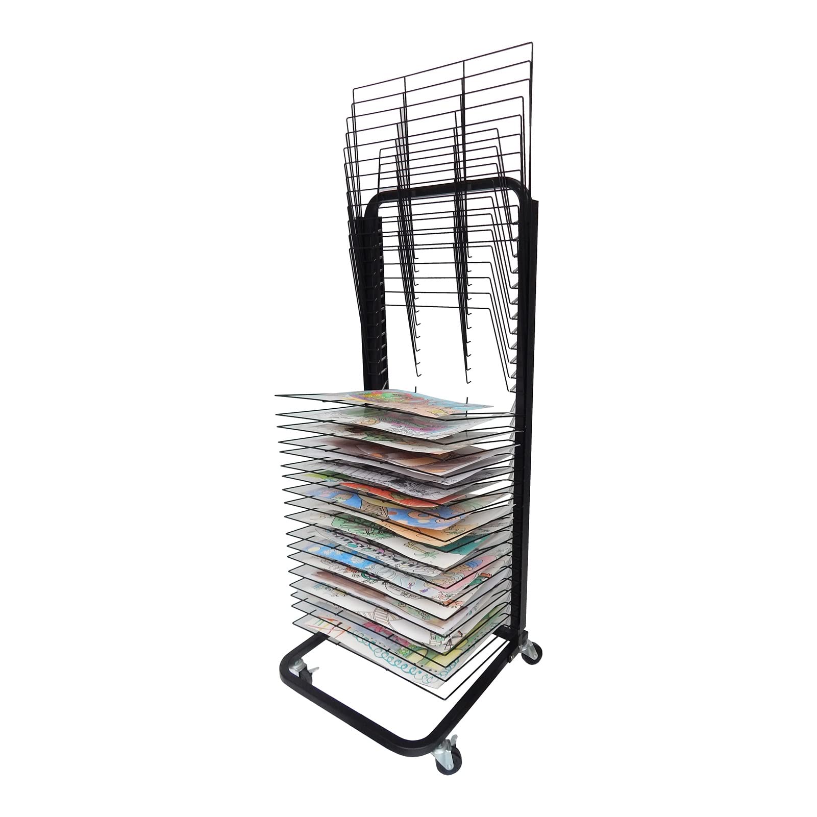 JYHHGDS Mobile Metal Art Drying Rack with Wire Shelves, Artwork Storage Display Rack Printing Drying Shelf Power Coated with Wheels for Classrooms, Art Studios, Black-30 Shelves