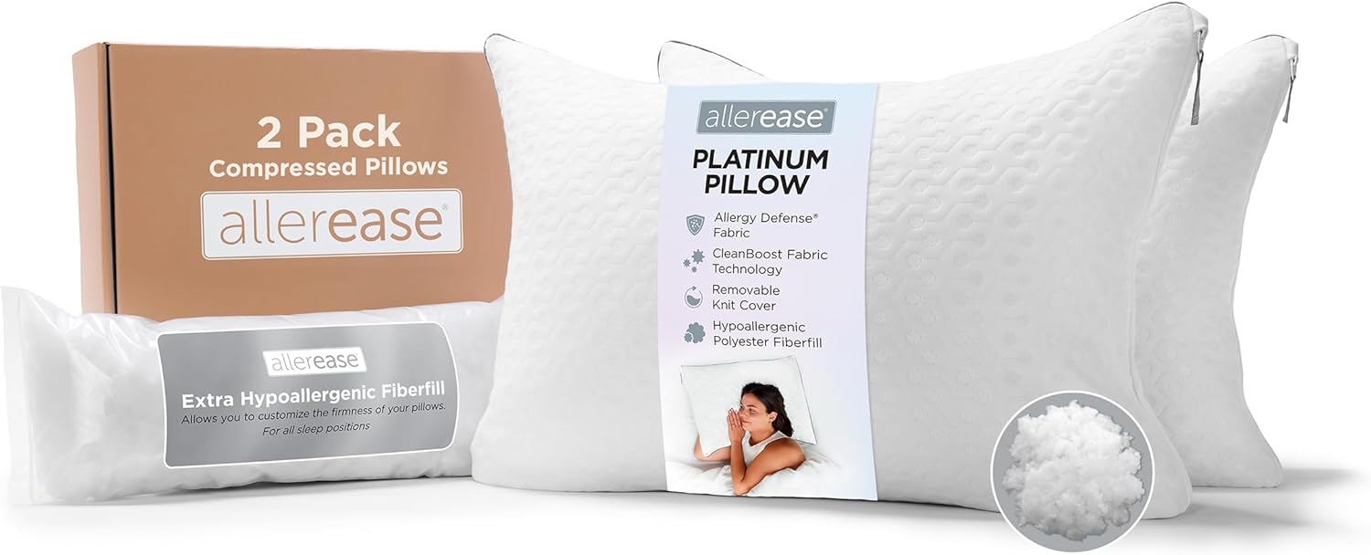 AllerEase Platinum 2-in-1 Adjustable Pillow, CleanBoost Allergen Barrier, Extra Fill, Standard/Queen - 2 Pack