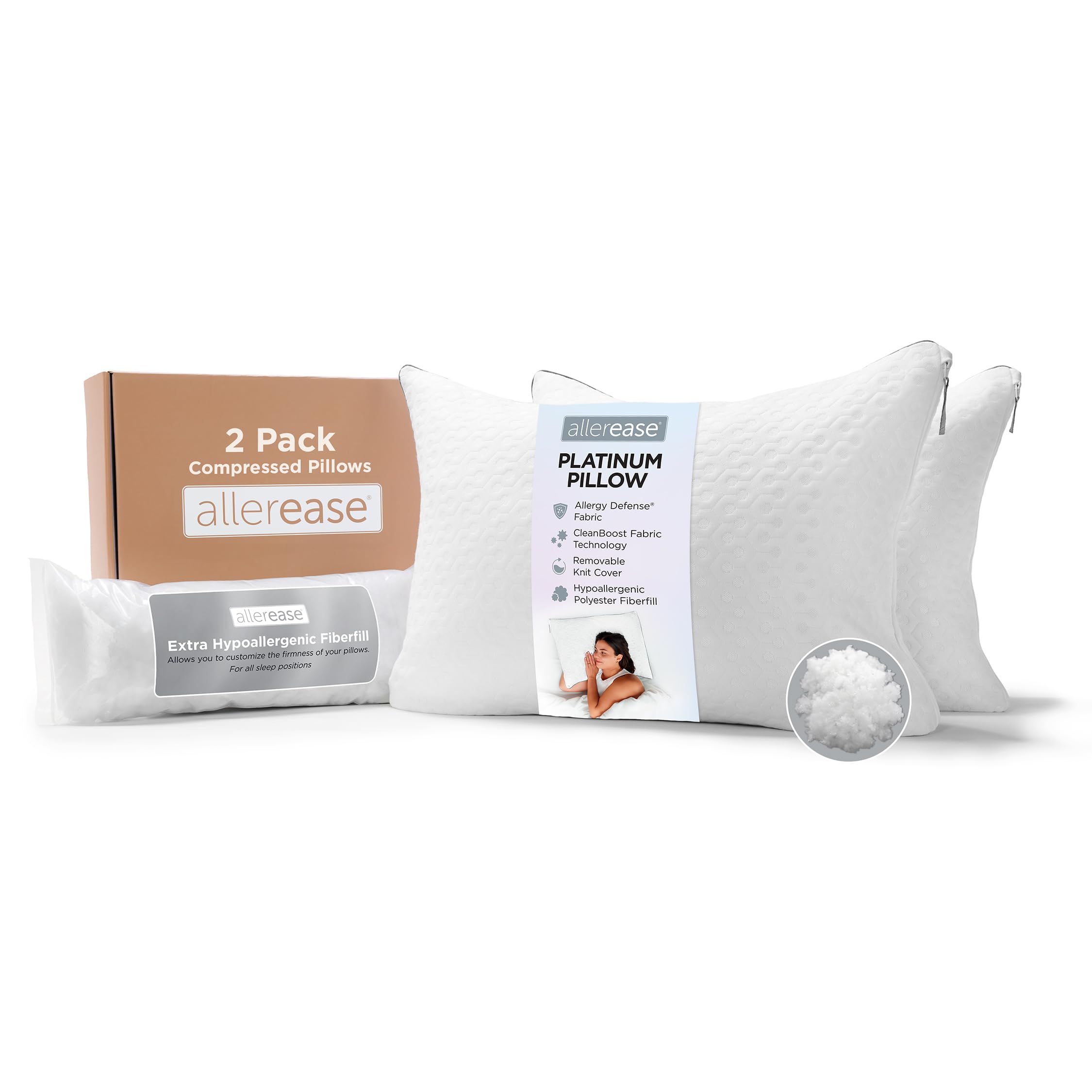 AllerEase Platinum 2-in-1 Adjustable Pillow, CleanBoost Allergen Barrier, Extra Fill, Standard/Queen - 2 Pack