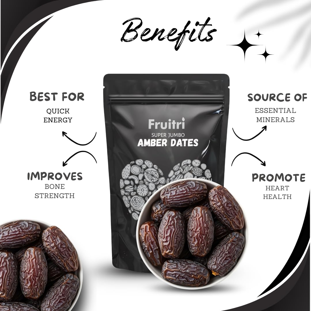 Fruitri Super Jumbo Amber Dates Madinah 500g - Saudi Dates Premium | Soft Anbara Khajoor | Big Size Khajur (Mote Wale) | Natural Sweetener for Instant Energy (500g) 1