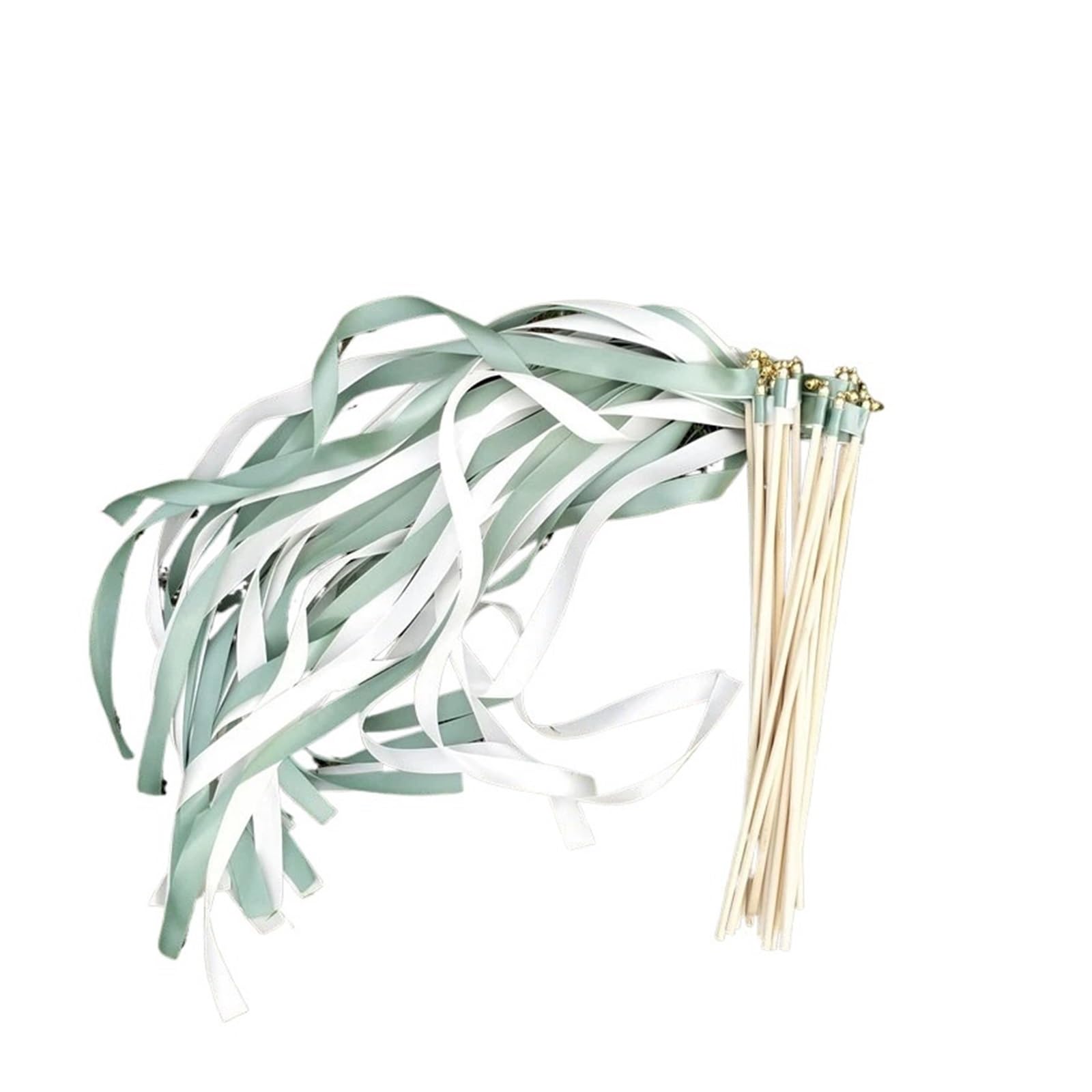 Njiezhao Grenn Ribbon Sticks 50/20/10Pcs Wedding Ribbon Wands Stick With Bells For Wedding Party White And Green(50Pcs)
