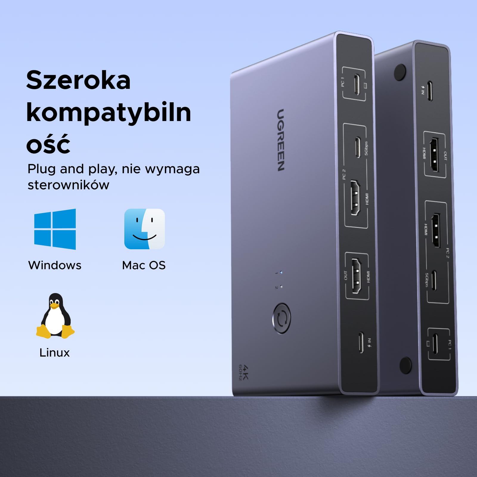 UGREEN Przełącznik KVM USB C 4K60Hz 1 komputer 1 laptop 1 monitor Przełącznik KVM 2 wejścia 1 wyjście z 4 portami USB 3.0 dla myszy, klawiatury, przenośnego dysku twardego itp.