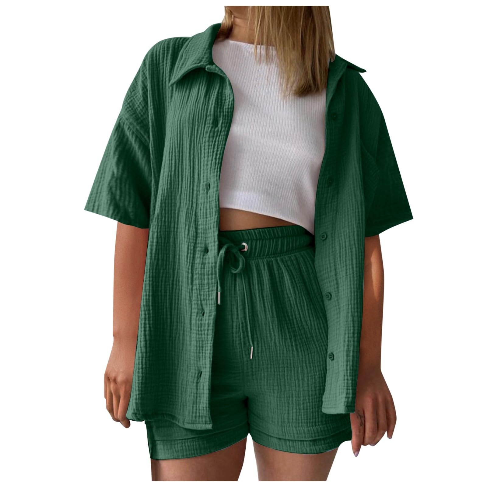 Generic Mallas Transparencias de color sólido para mujer y pantalones cortos casuales Conjunto de 2 piezas Cómodo traje de verano Shorts Deporte