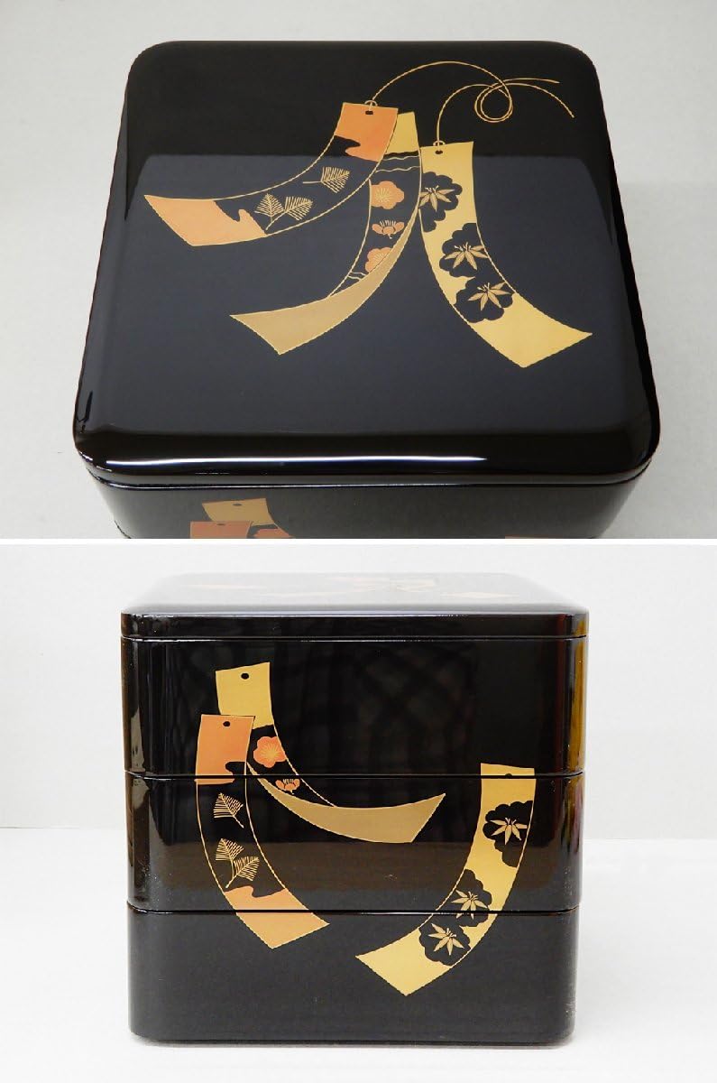 Amazon.co.jp: 輪島塗 明斎 牧野義昭作 3段 重箱 重箱盆 松竹梅短冊図 