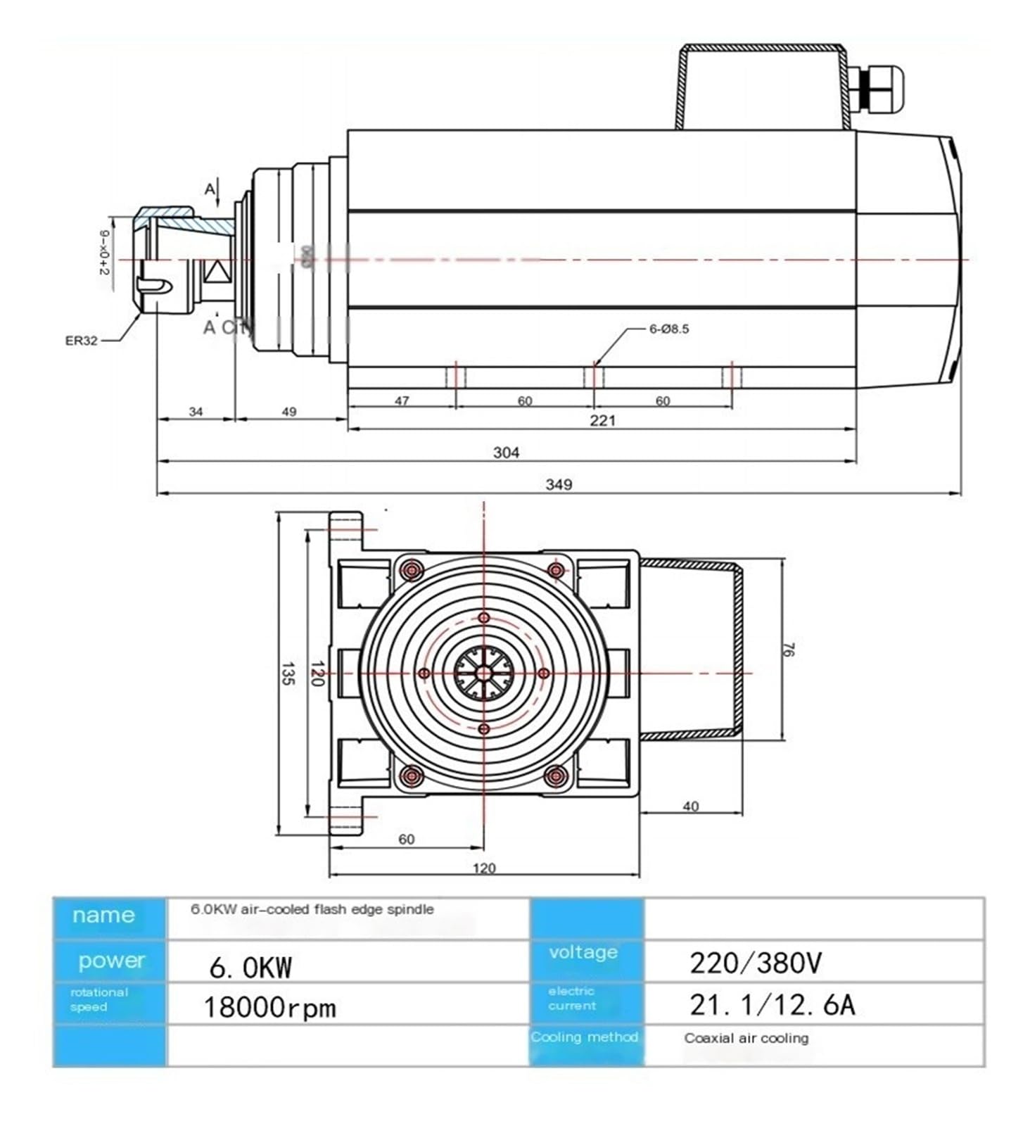 Motore mandrino 2,2/3,5/4,5/6,0 KW Flying Edge Mandrino elettrico raffreddato ad aria Per macchine utensili CNC(6.0kw-ER32-220v)