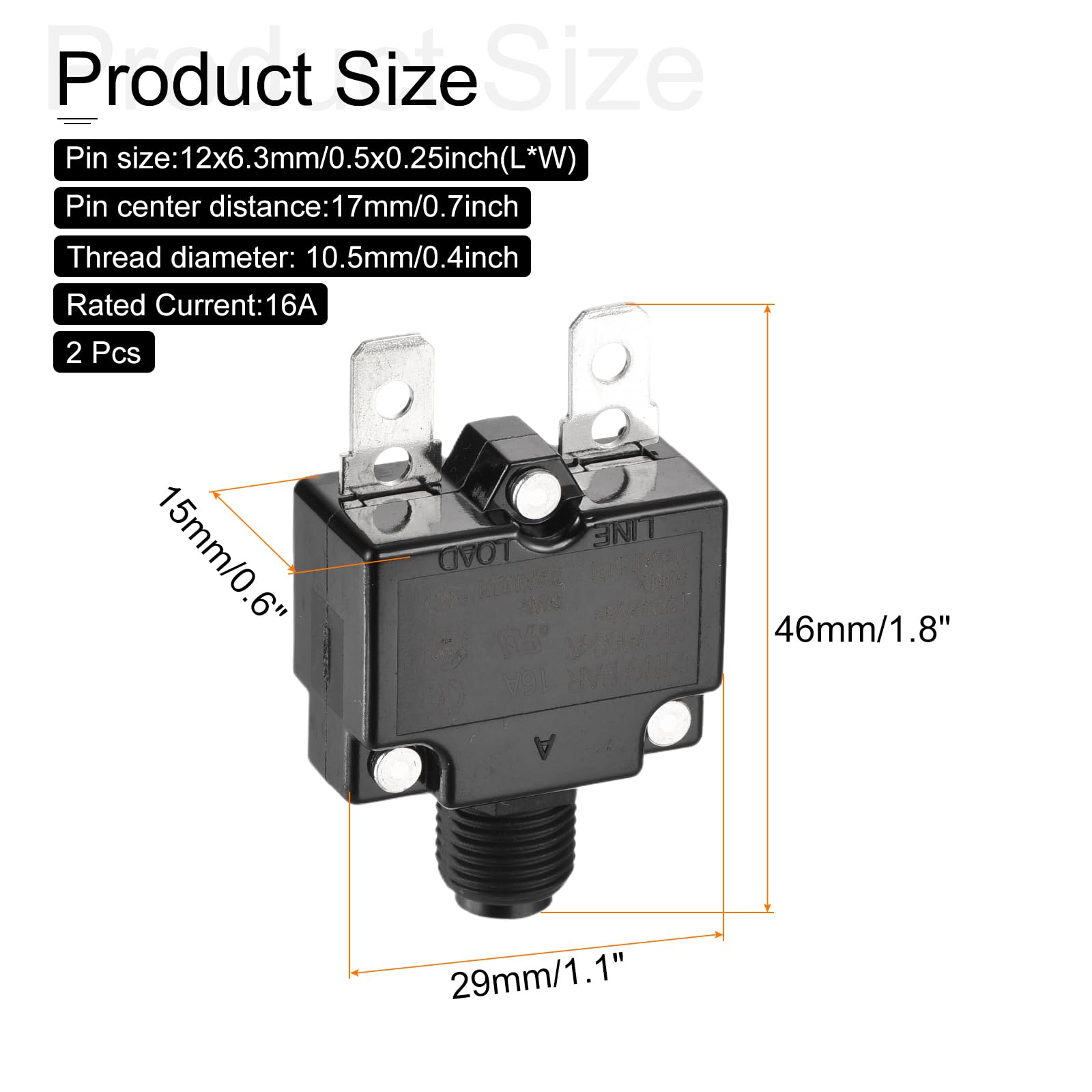 DMiotech 16A Thermal Circuit Breaker 125/250V AC 50V DC 50/60Hz Push Button Manual Reset Overload Protector Switch for Overload Protection Application,2 Pcs - Image 2