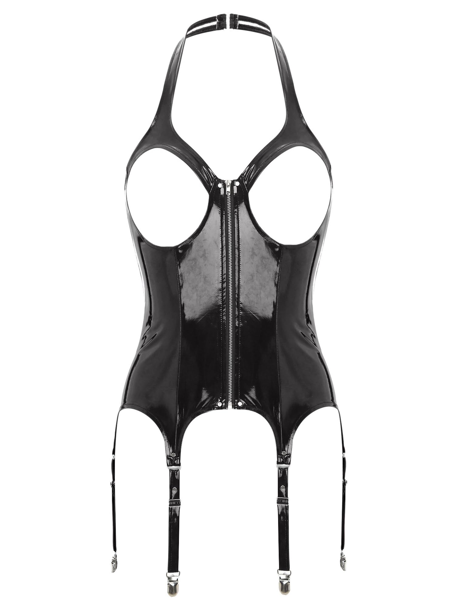 Womens Sexy Halter Neck Pu Leather Bustier Top Open Chest Crop Vest with Garter Belts