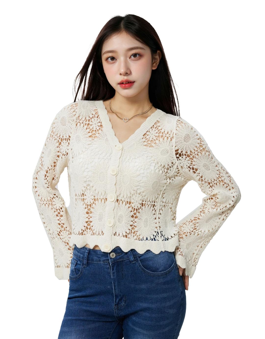 icw Women's Retro Style Boho V-Neck Long Sleeve Crochet Hollow Out Botton-up Crop Cardigan Top Shirt DN423-picture-27