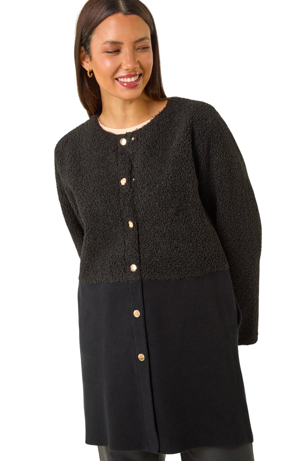 Roman Originals Women's Black Collarless Contrast Button Knit Jacket For Uk - Everyday Autumn Winter Round Neckline Comfy Soft Evening Vacation Work Party Night Out - Size 14