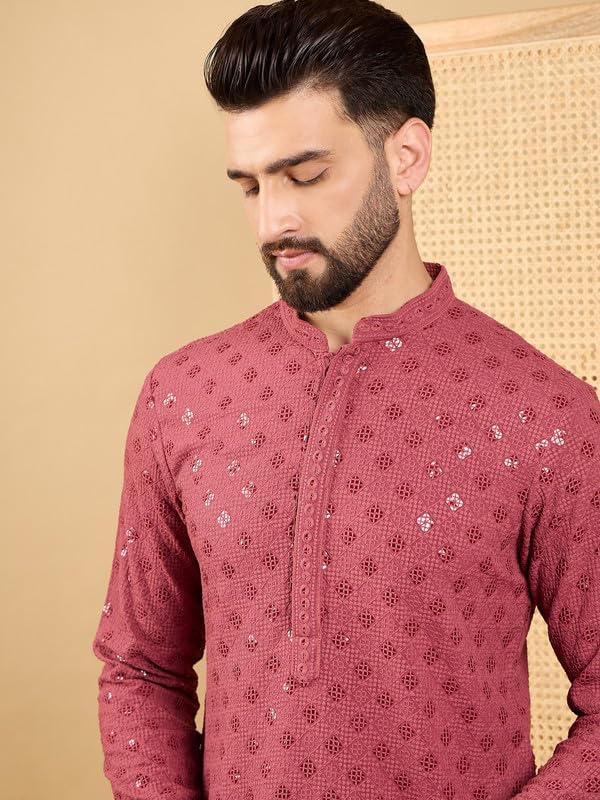 Image of Men's Solid Embroidered Long Straight Kurta | Men's Kurta | Embroidered Chikankari Kurta for Men | Straight Fit Kurta for Men