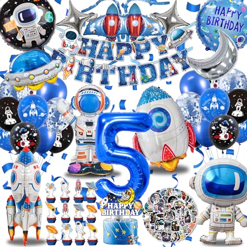 Weltraum Kindergeburtstag Deko Set 5 Jahre XXL Astronaut Raketen Folienballons Banner und Tortendeko Weltraum Geburtstagsdeko 5 Jahre Junge Weltall Geburtstag Ballon (Astronaut 5.Geburtstagsdeko)