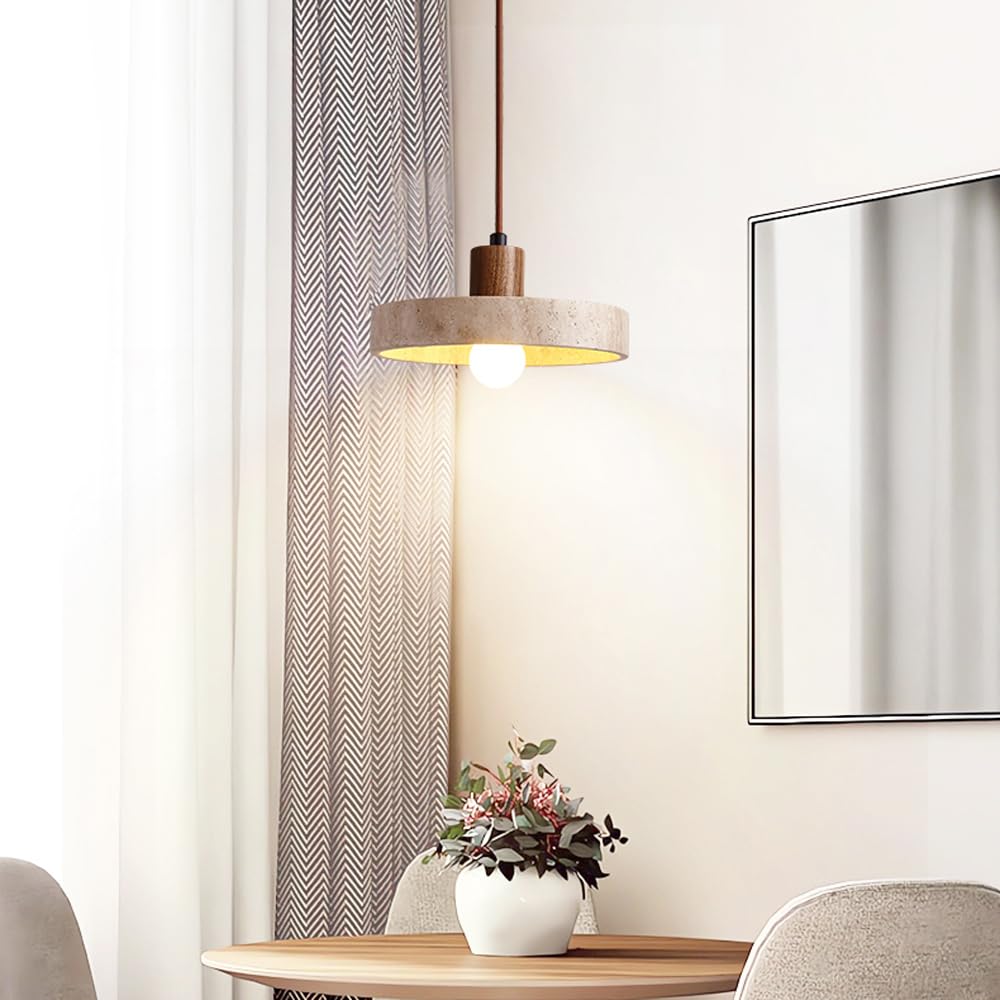 Luminaire suspendu rond, îlot de cuisine, lampe à suspension en pierre de grotte jaune, tasse en bois, éclairage de plafond suspendu long et réglable, lustre rétro Wabi Sabi en travertin jaune, lampes