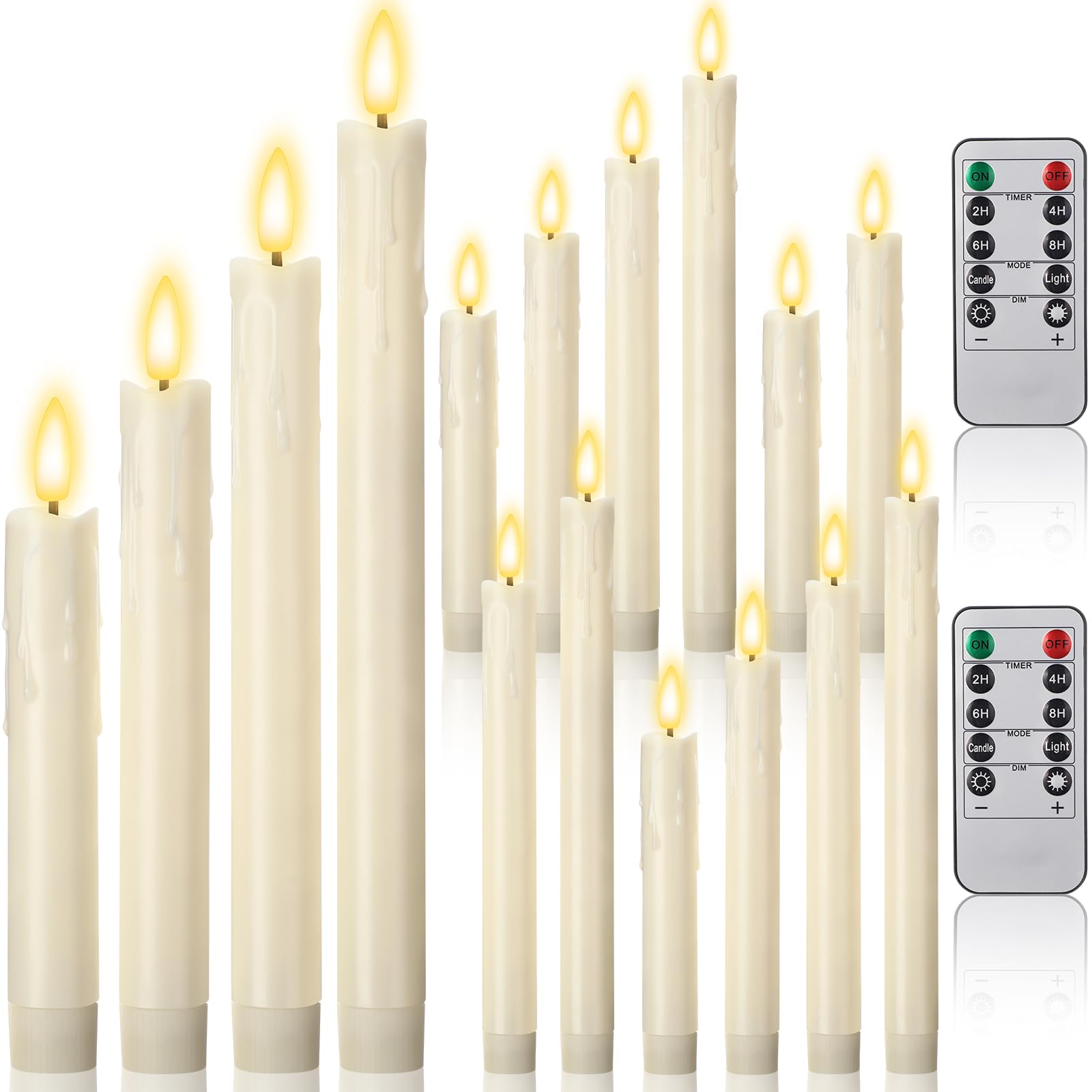 Retisee 12 velas cónicas sin llama con temporizador remoto de 6.5 pulgadas, 7.7 pulgadas, 8.9 pulgadas, 10 pulgadas, LED cónico, funciona con pilas, velas parpadeantes para cena de boda de Navidad