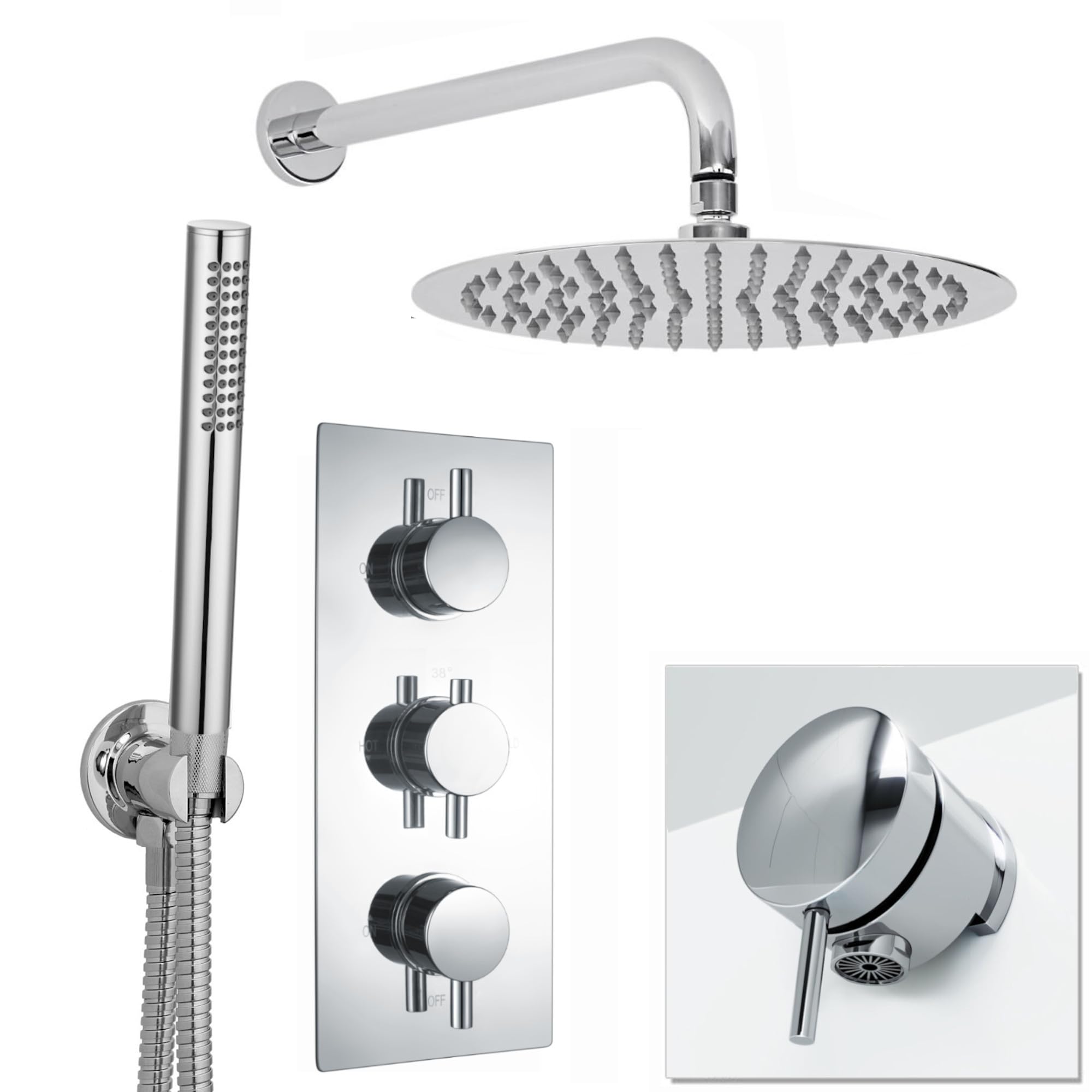 ENKI SH0203 Thermostatic Shower Set Round Fixed Head Handset Bath Filler Waste