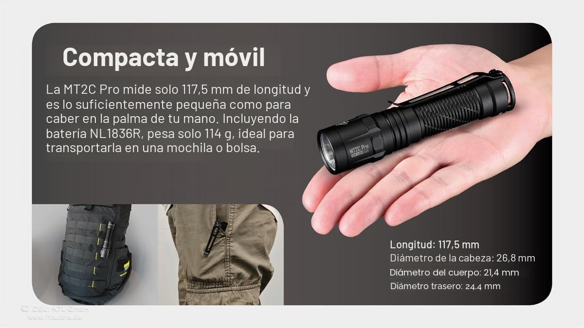 Nitecore MT2C PRO Linterna LED compacta y táctica recargable por USB 1800 lúmenes Alcance hasta 520 m con batería
