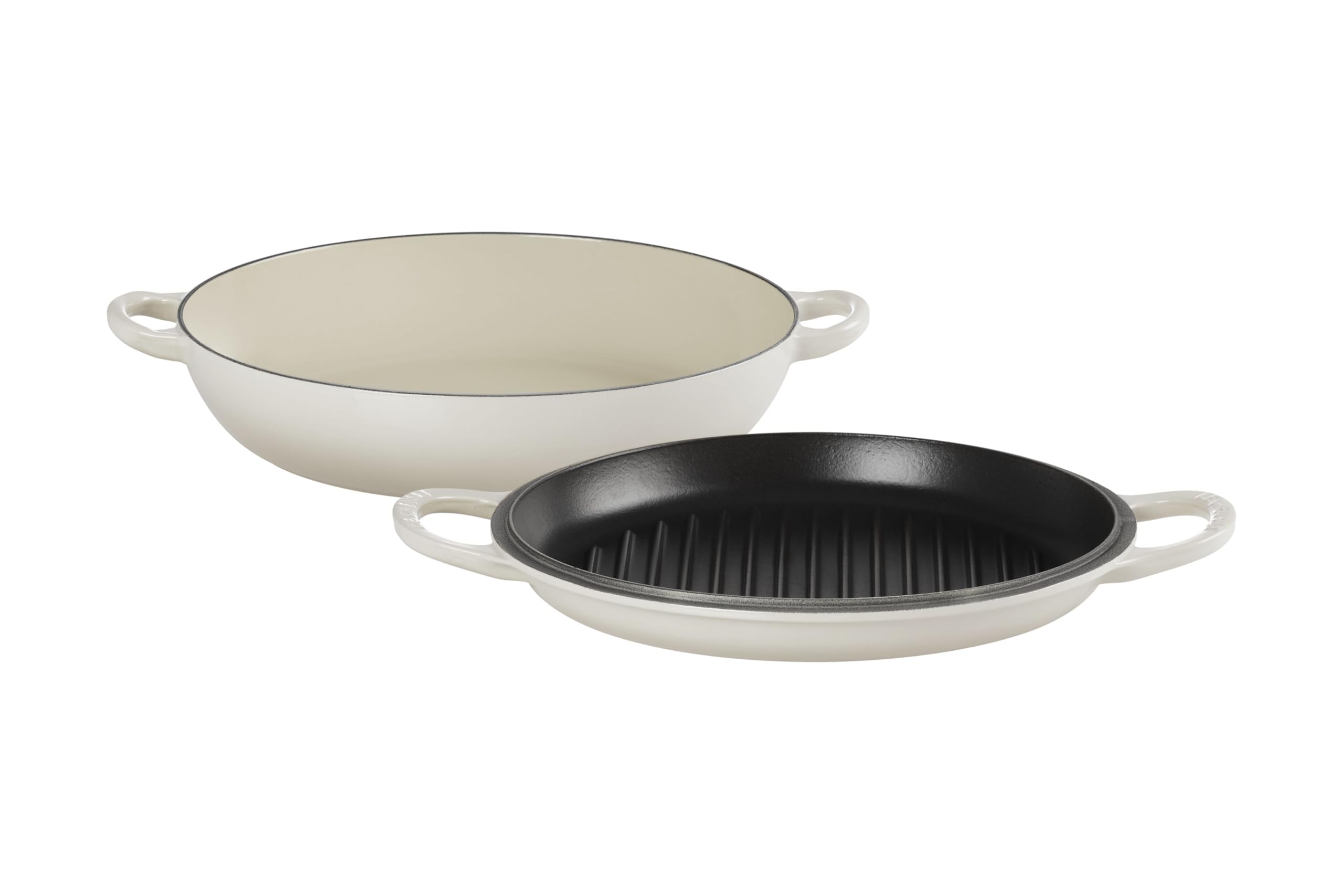 Photo 1 of **HANLDE DAMAGED** Le Creuset Enameled Cast Iron Multifunction Braiser with Grill Pan Lid, 3.5 qt., Meringue