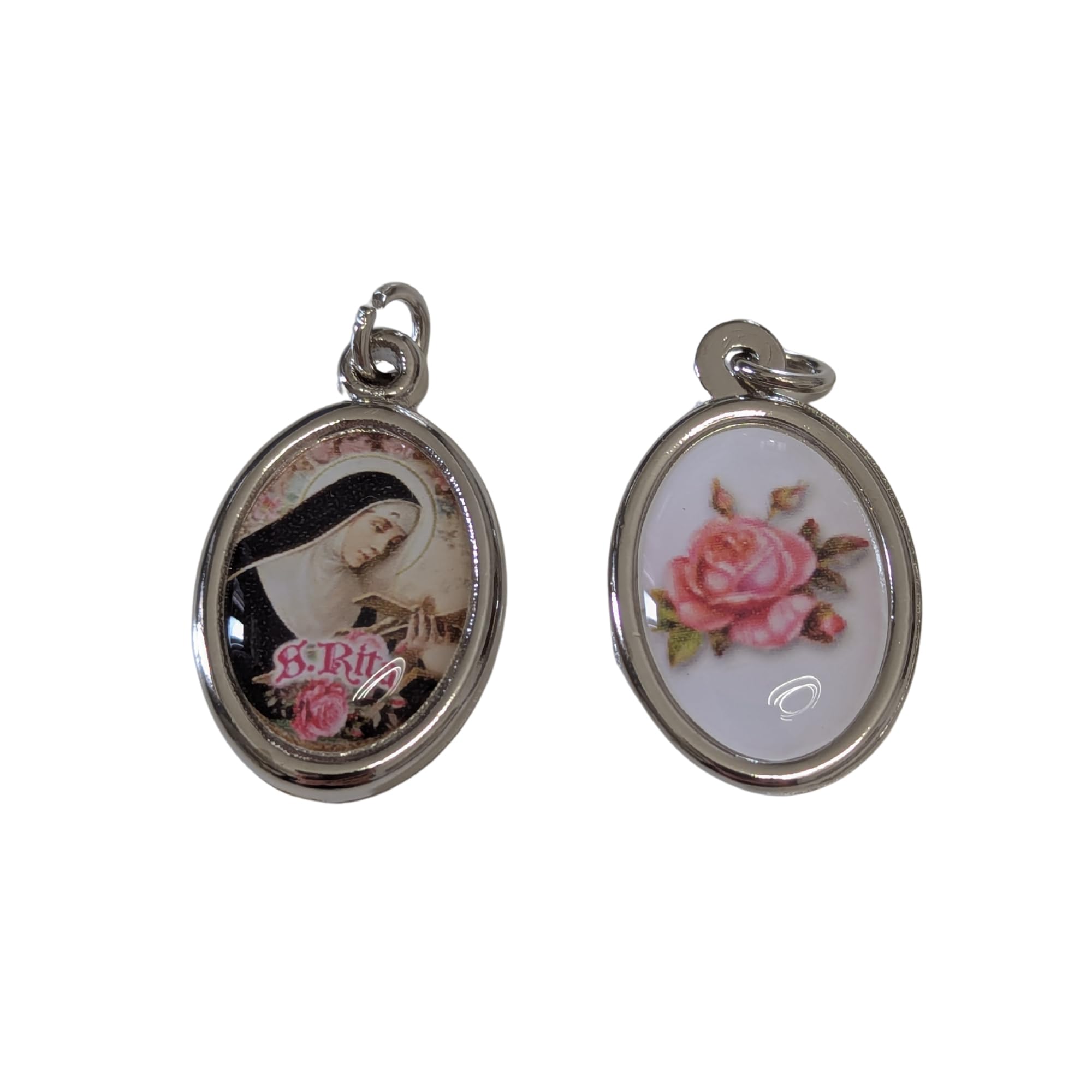 OVUNQUE PROTEGGIMI Medaglia di Santa Rita da Cascia, Medagliette Ovali 3 cm, Bifacciale con Immagine di Santa Rita e Rosa sul Retro, Ciondolo Devozionale Sacro, Idea Regalo Religiosa