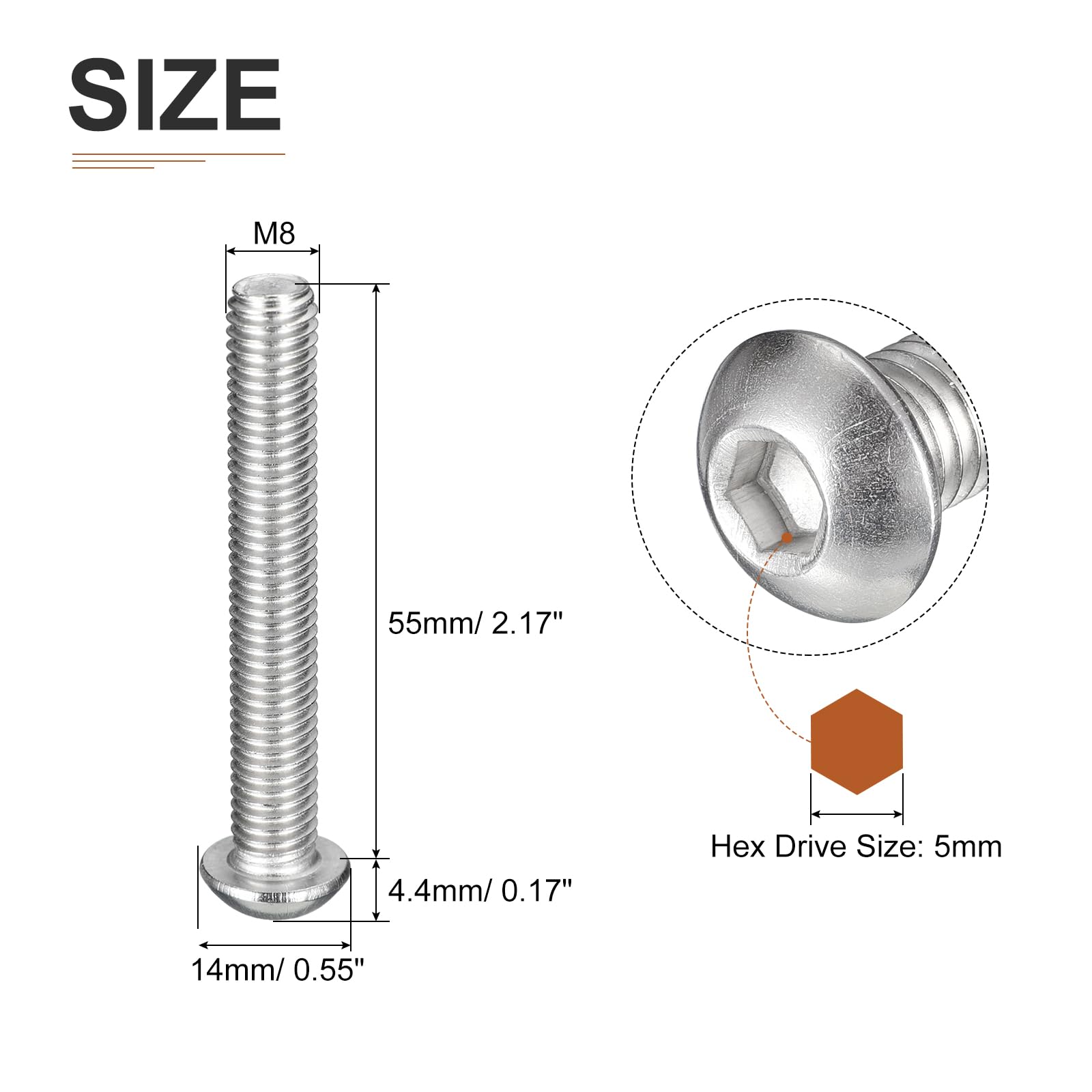 DTGN M8-1.25x55mm Button Head Socket Cap Screws, 10Pack, Good for Machine, 304 Stainless Steel 18/8 - Image 2