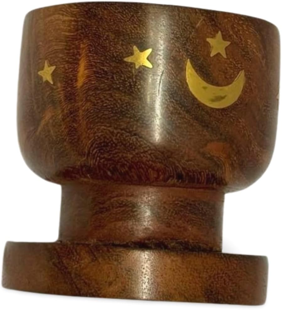 Handcrafted Wooden Sambrani Dhoop Batti Stand with Brass Bowl – Incense Holder with Ash Catcher & Metal Flower Design – (Golden Moon and Star (3x2.5 in))
