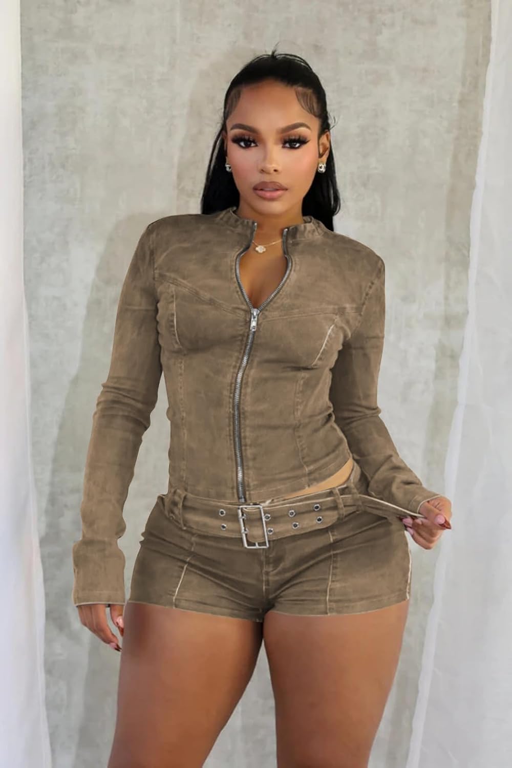 Molilove Women's Two Piece Set Denim Outfits Long Sleeve Zip Up Cropped Jean Jacket Bodycon Shorts Sets with Belt Y2K Outfits