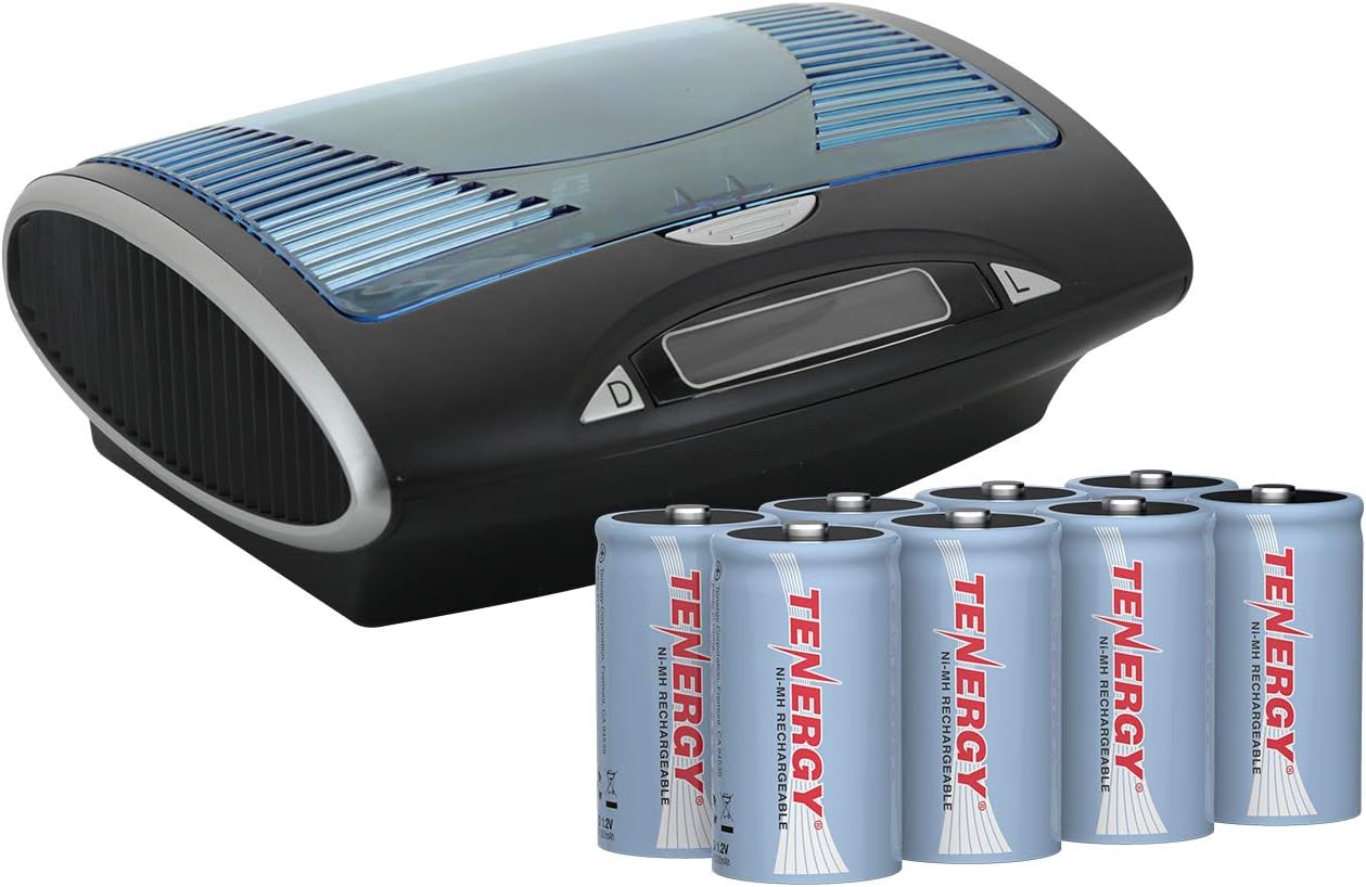 Tenergy T9688 Universal LCD Battery Charger + 8 Pack D Size 10000mAh NiMH Rechargeable Batteries UL Certified