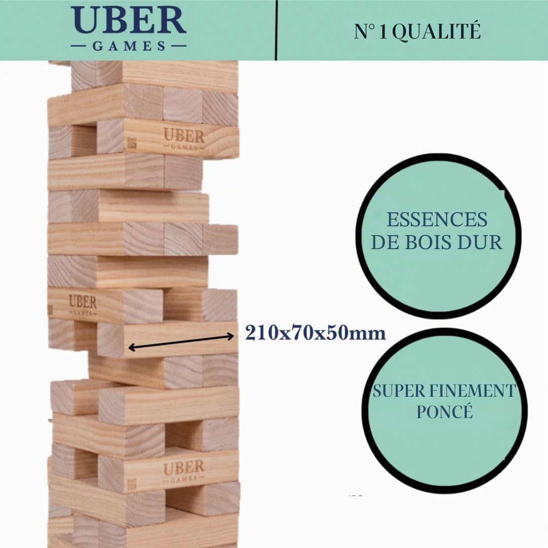 Ubergames Tour mobile géante jusqu'à 160 cm + XXL Jumbo Hi-Tower dans sac – 1,6 m (max dans le jeu. Jeu de tour en bois de pin massif – blocs de luxe supplémentaires et sac (jusqu'à 160 + cm)