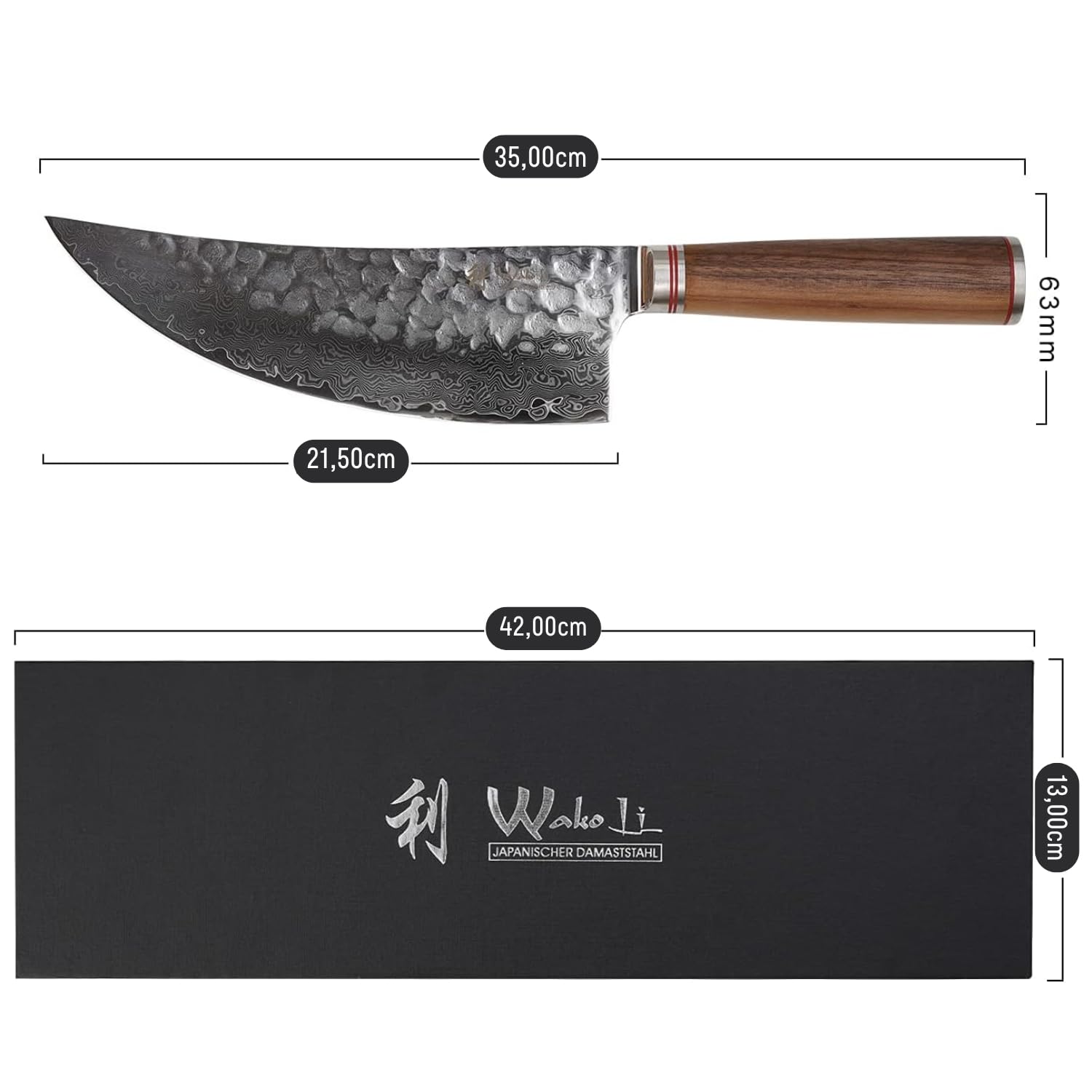 Wakoli Nussbaum Premium Wiegemesser mit 21,5 cm Klinge gefertigt aus 67 Lagen echtem Damaststahl mit Nussbaumholzgriff I Damastmesser Küchenmesser und Profi Kochmesser