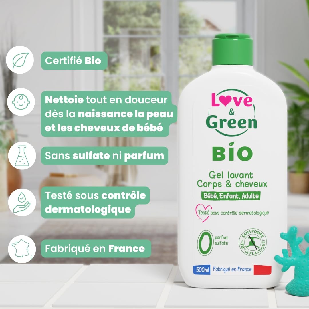Love & Green - Gel Lavant Corps/Cheveux Bio 0% 500 ml - Fabriqué en France